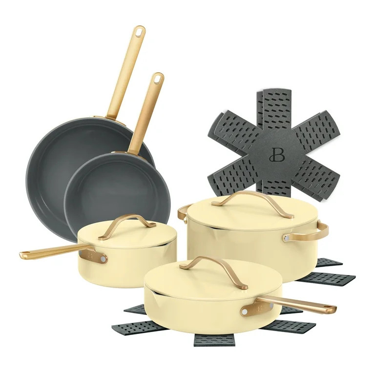 Beautiful 12-Piece Ceramic Nonstick Cookware Set, Pots and Pans with Strainer Lids, Buttercream b... | Walmart (US)