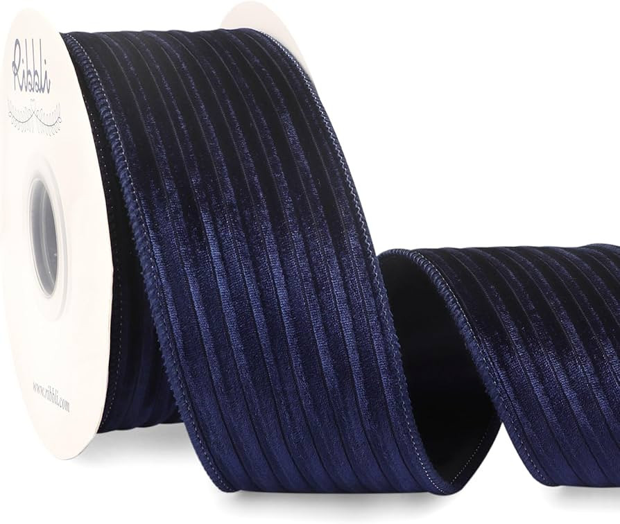 Ribbli Glossy Navy Velvet Wired Ribbon 2.5 Inch Striped Velvet Christmas Ribbon for Gift Wrapping... | Amazon (US)