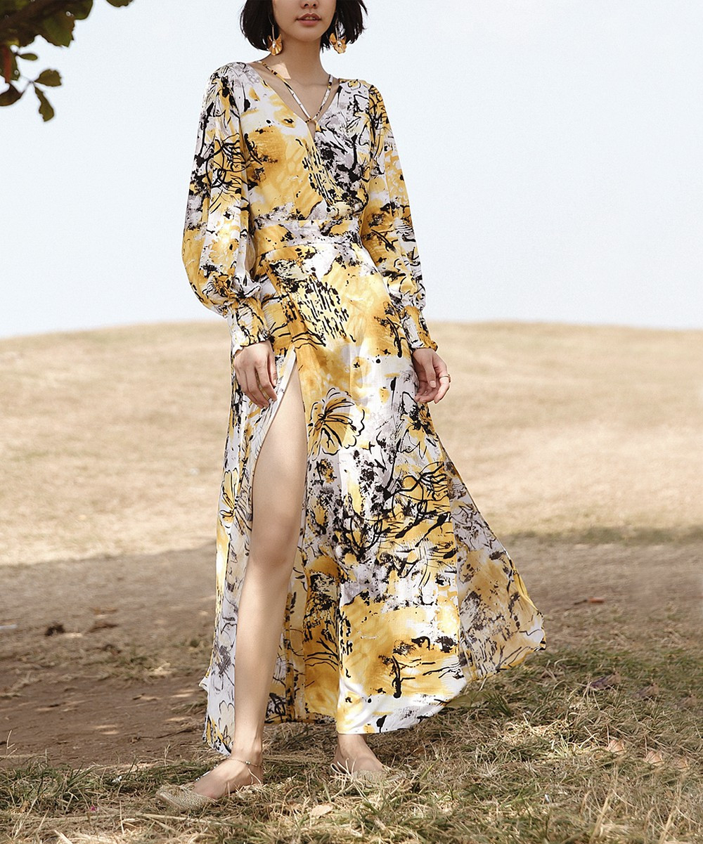 Is Is Love Women's Maxi Dresses Yellow - Yellow Floral Double-V Maxi Dress - Women | Zulily