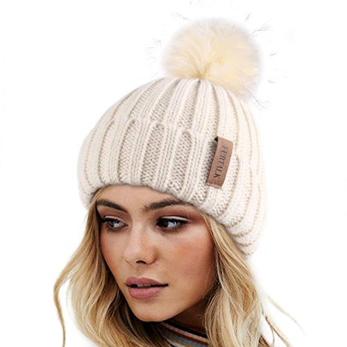 FURTALK Womens Winter Knitted Beanie Hat with Faux Fur Pom Warm Knit Skull Cap Beanie for Women Beige-Beige pom One Size | Amazon (US)