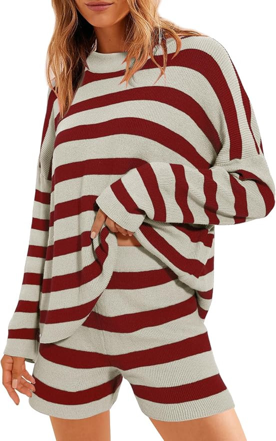 Balimtoy Women Striped Sweater Set Oversized Lounge Set Matching Pajama Sets Knit Long Sleeve 2 P... | Amazon (US)