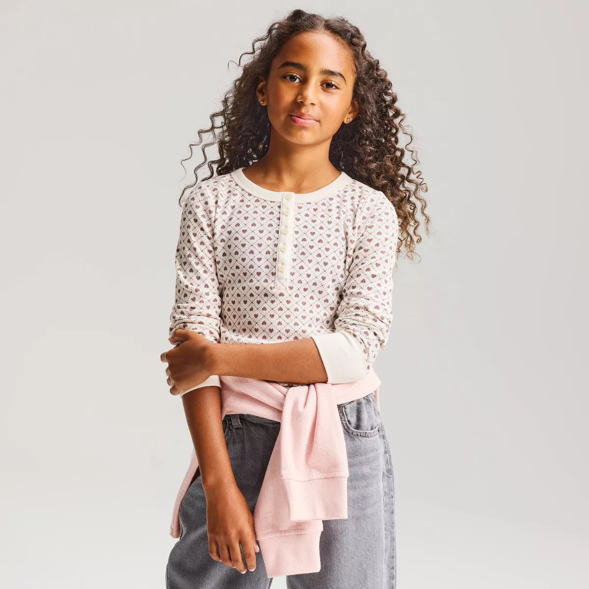 Girls' Long Sleeve Floral Waffle Knit Henley T-Shirt - Cat & Jack\u2122 Cream L | Target