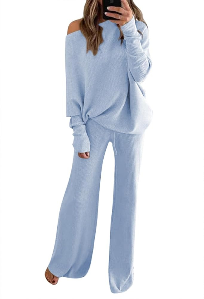 Fixmatti Womens Knitted Outfits 2 Pieces Sweatsuit High Neck Sweater Wide Leg Pant Set | Amazon (US)