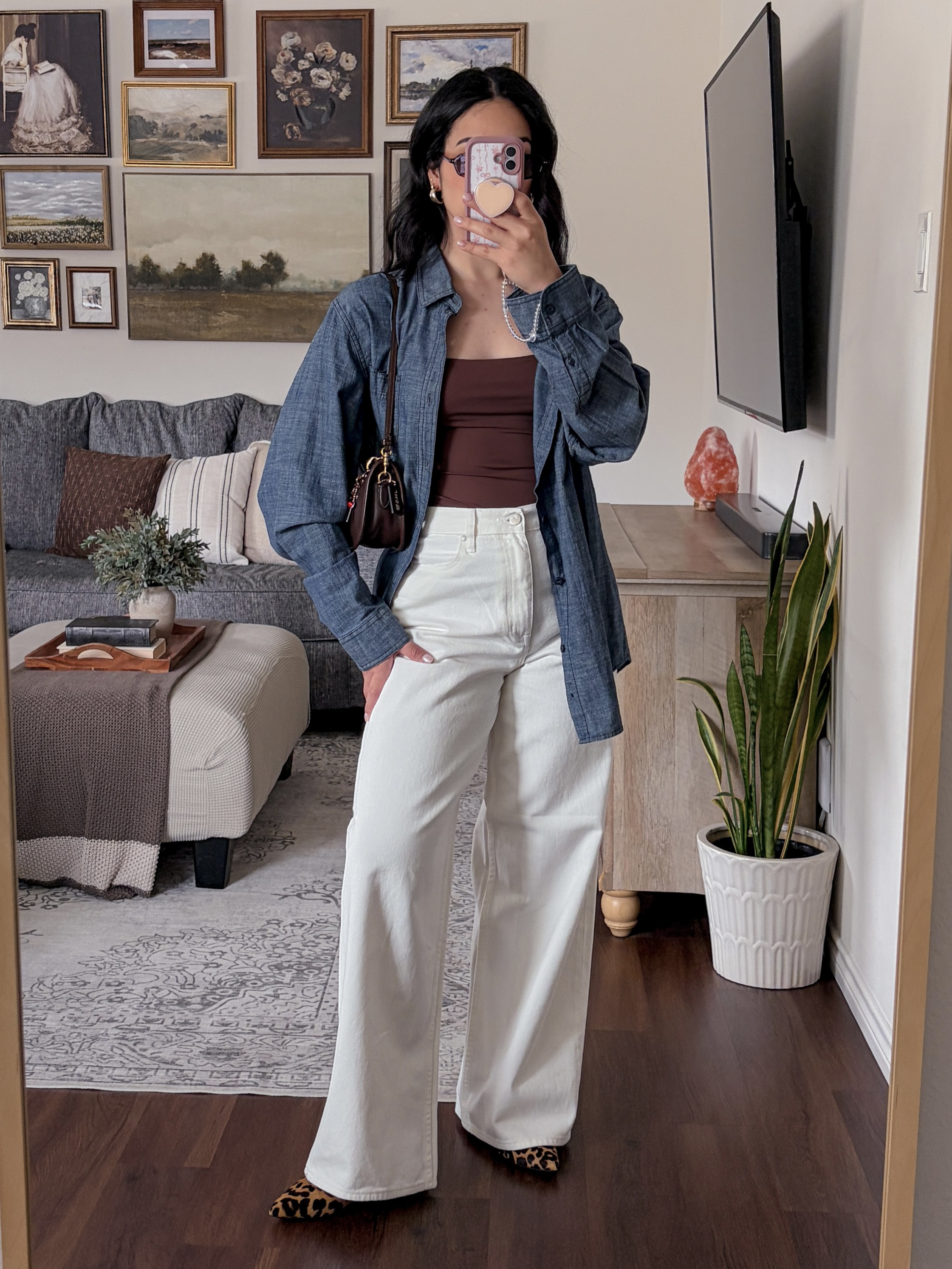 pinterest inspired outfit of the day 🤎 spring neutral outfit, casual chic spring look, white wide leg jeans outfit, leopard heels outfit, denim button up layered outfit, effortless spring style, elevated casual outfit, everyday chic outfit, white denim wide leg jeans, leopard print kitten heels, pointed toe kitten heels outfit, brown cami top outfit, oversized denim button up, layered denim shirt look, neutral spring outfit formula, brown shoulder bag outfit, Coach shoulder bag styling, gold jewelry accessories, small trendy sunglasses, minimalist gold accessories, neutral handbag outfit, neutral aesthetic outfit, clean girl spring style, pinterest inspired outfit, soft minimal style, chic everyday look, cool girl casual, model off duty vibes, spring outfit inspo pinterest, white jeans outfit ideas, leopard heels styling, neutral outfit board, casual chic outfit formula  

 #LTKSpringSale #LTKgrwm #LTKootd