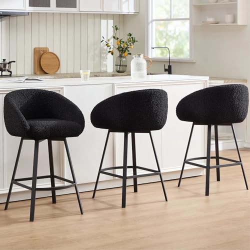 Zesthouse 26'' Modern Counter Height Bar Stools Set of 3, Swivel Barstools with Arms & Backs for Kitchen Counter, Upholstered Black Sherpa Fabric Bar Stools, Kitchen Island Chairs with Metal Legs | Amazon (US)