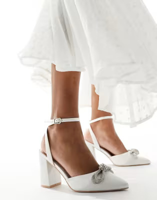 Be Mine Bridal crystal bow mid heel shoes in ivory | ASOS (Global)