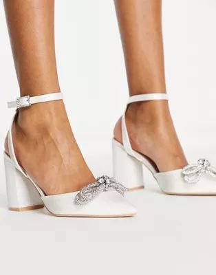 Be Mine Bridal crystal bow mid heel shoes in ivory | ASOS (Global)