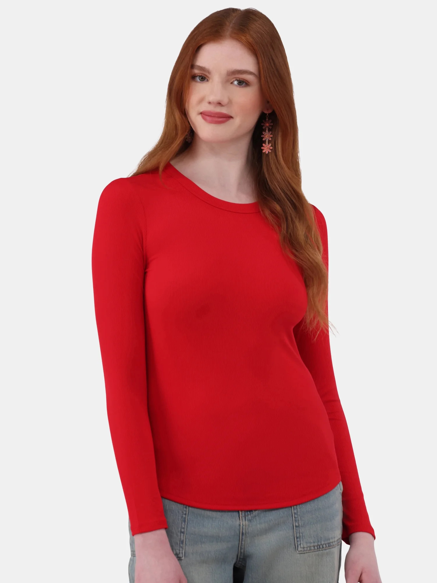 No Boundaries Crewneck Ribbed Tee with Long-Sleeves, Women's and Women’s Plus | Walmart (US)