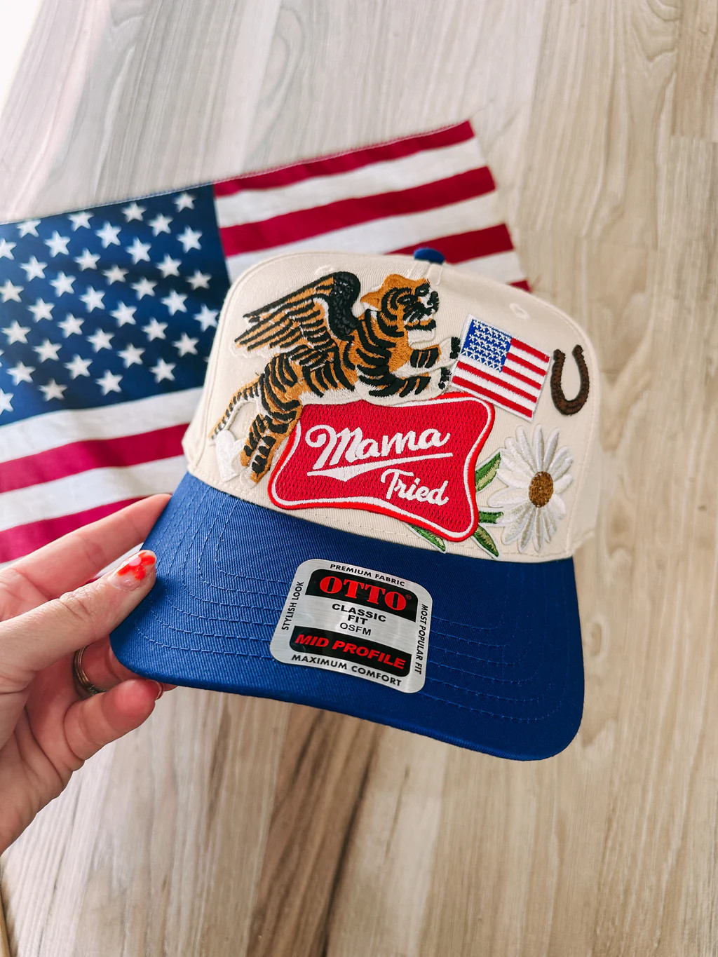 mama tried + tiger trucker hat - blue/cream | Etta & East