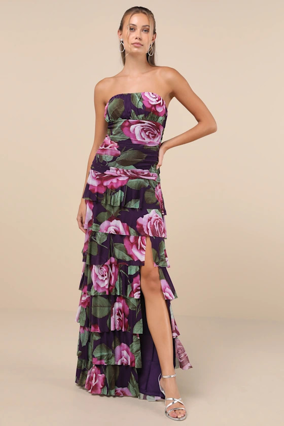 Phenomenal Aura Plum Floral Ruched Tiered Strapless Maxi Dress | Lulus
