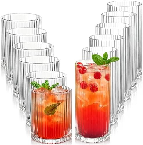 Ribbed Drinking Glasses 12pcs, 12oz and 10oz Glassware, Tumbler Glasses Cup Set for Wedding, Part... | Amazon (US)
