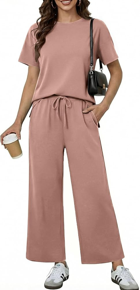 PINSPARK Soft 2 Piece Sets for Women Short Sleeve Matching Lounge Set Wide Leg Pants Tracksuit Tr... | Amazon (US)