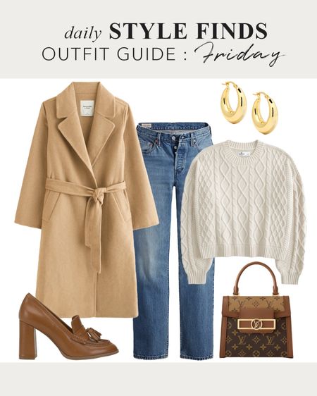 How to style Levi's classic straight leg denim jeans for fall with a camel wool belt trench coat and cable knit off white sweater and gold hoop earrings.  #levis #falloutfit #cozyoutfit #weekendoutfits #fallstyle #falloutfitguide #fallstyleguide #affordablestyle #abercrombie #goldhoops #styleallages #over40style #dailyfinds 

#LTKstyletip #LTKworkwear #LTKshoecrush