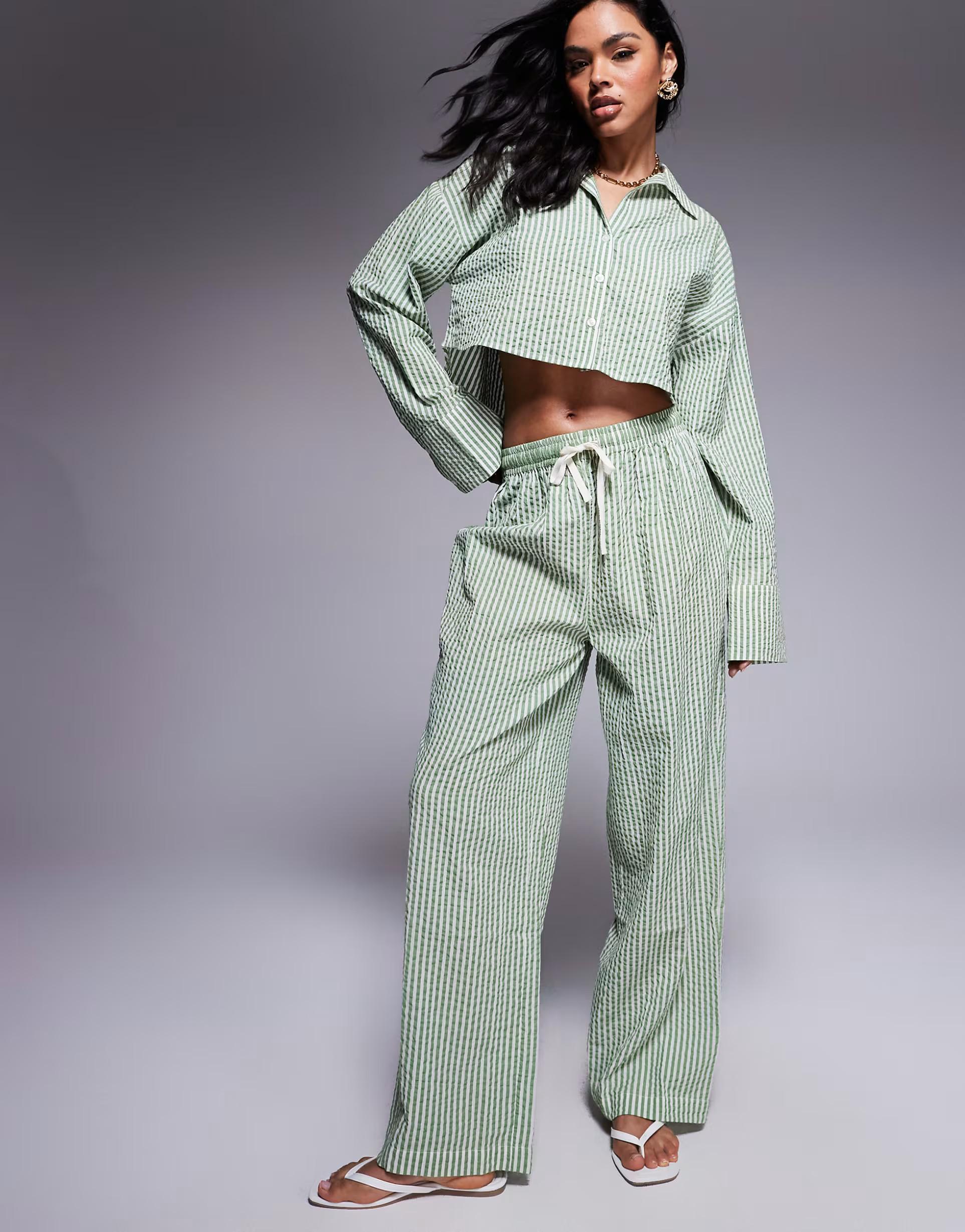 ASOS DESIGN Lisa seersucker beach pants in green stripe | ASOS (Global)