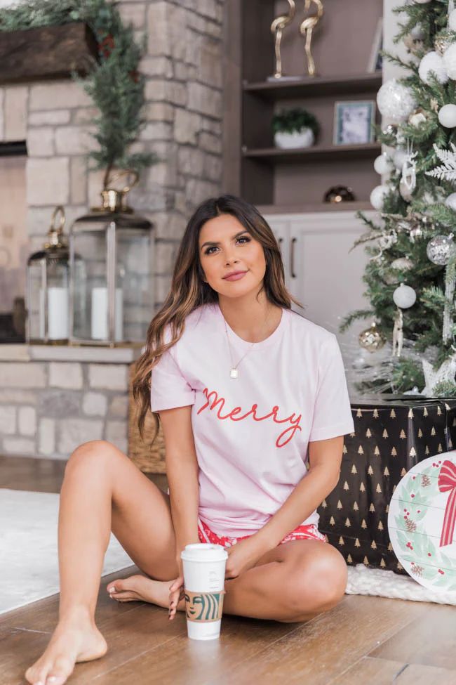 Merry Script Graphic Light Pink Tee | The Pink Lily Boutique