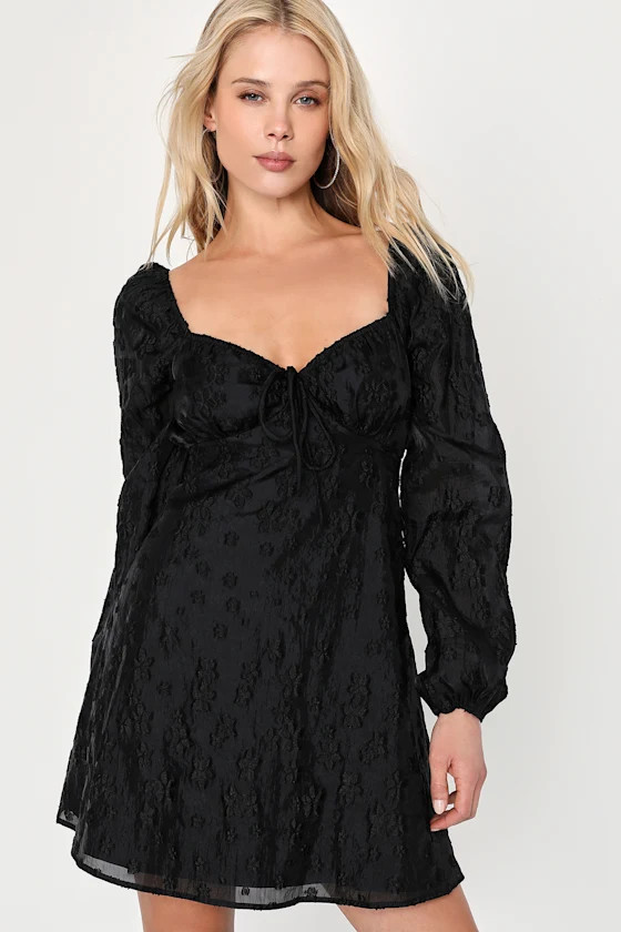 Angel Looks Black Burnout Floral Jacquard Mini Babydoll Dress | Lulus