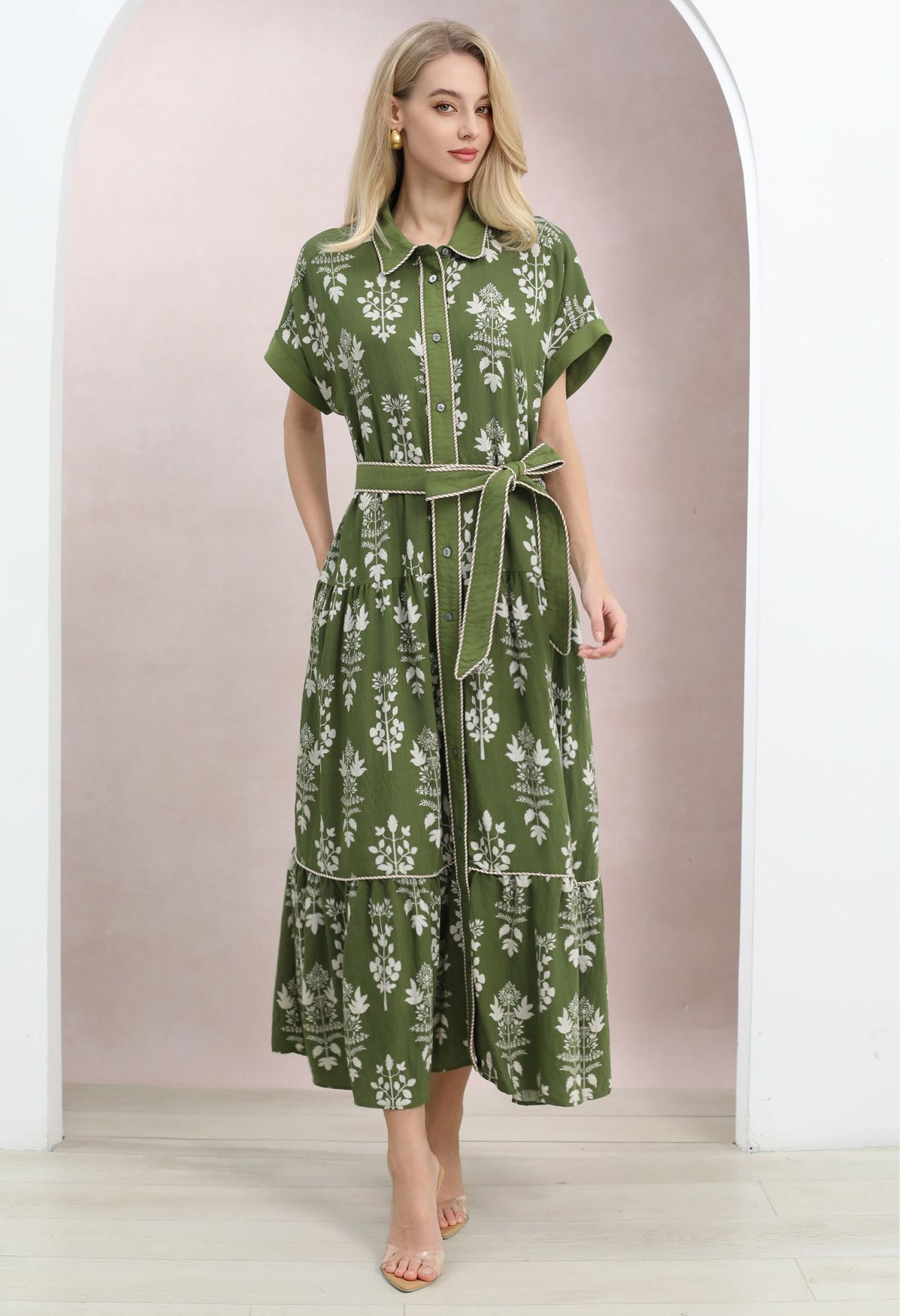 Botanical Print Piping-Trim Belted Shirt Dress for Garden Parties & Brunch Dates | Chicwish