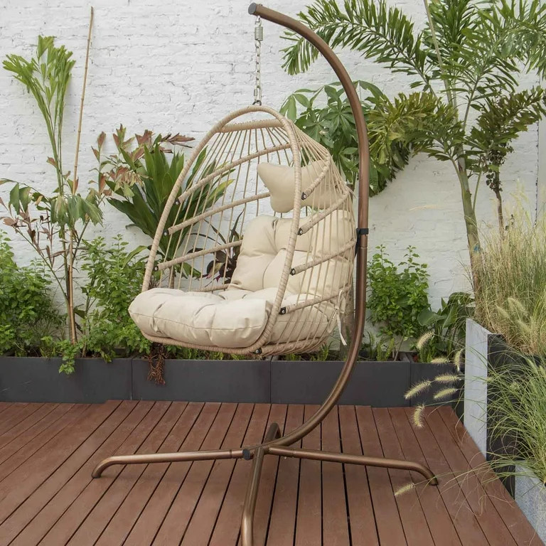 Nicesoul Rattan Swing Egg Chair Hanging Chair With Stand Beige 350 lbs Capacity Metal Frame | Walmart (US)