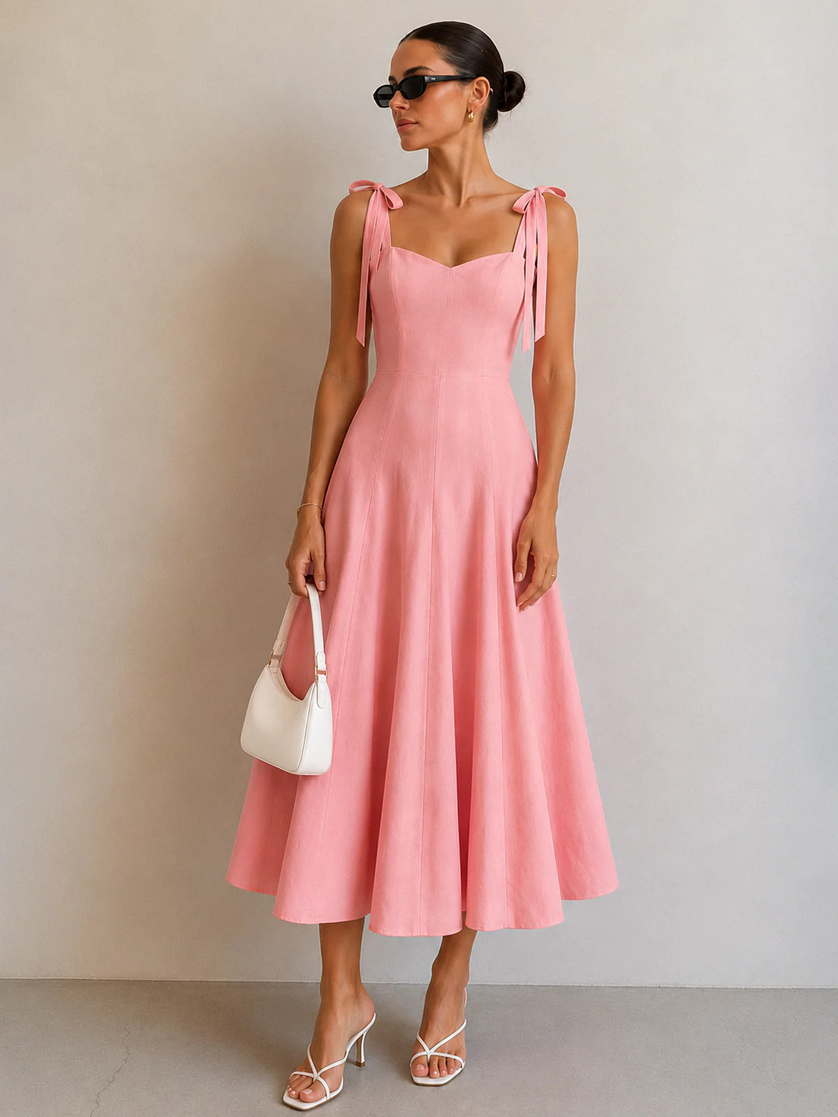 Bow Tie Straps Cotton Midi Dress | Commense