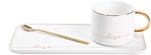 TJ Gobal Porcelain Coffee Mug, Tea Cup with Saucer and Golden Spoon with Gold Scripted Love and T... | Amazon (US)