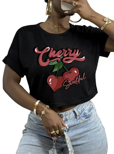 LovelyWholesale Cropped Graphic Tee for Women Baby Tees Summer Short Sleeve Tops Black Cherry Medium | Amazon (US)