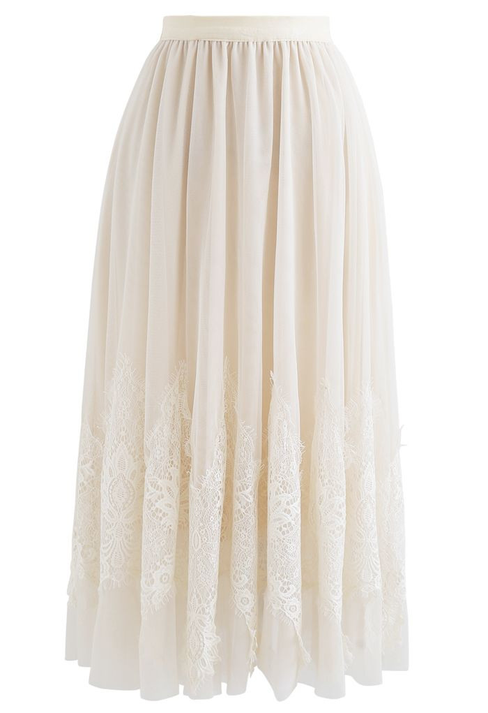Tassel Lace Double-Layered Tulle Mesh Skirt in Cream | Chicwish
