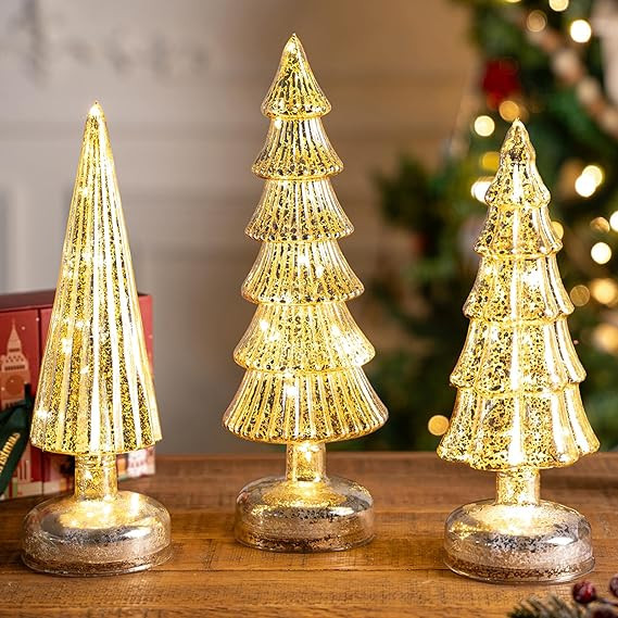 3 Pcs Mercury Glass Christmas Tree Tabletop Christmas Tree with Light,12 in Silver GlassTrees Fig... | Amazon (US)