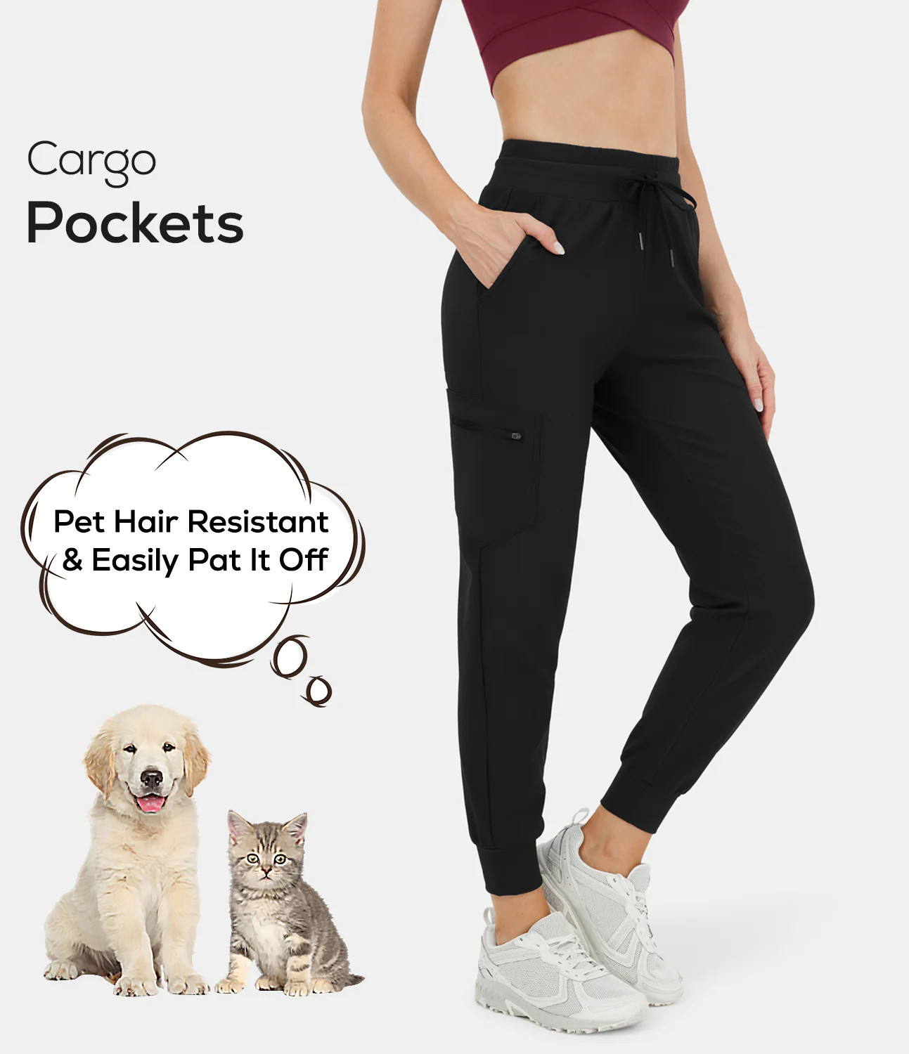 Halara Patitoff™ Flow Pet Hair Resistant High Waisted Drawstring Side Zip Pocket Cargo Joggers - Bla | HALARA