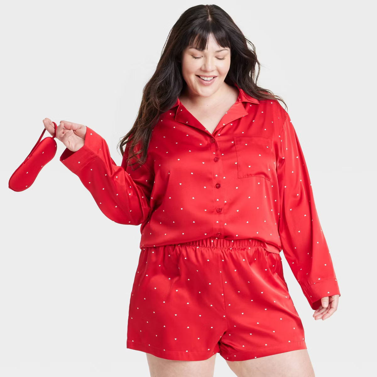 Women's 3pc Satin Long Sleeve Top and Shorts Pajama Set with Eye Mask - Auden™ Black 1X | Target