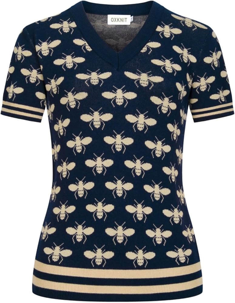 OXKNIT Women's Knit Short Sleeve T-Shirt 1960s Vintage Beige Bee Pattern V-Neck Dark Blue Cotton ... | Amazon (US)