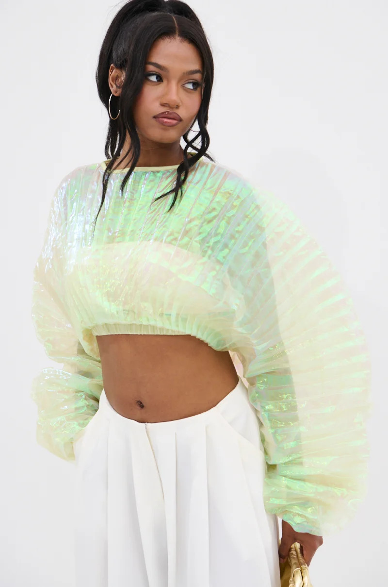 CHAR PLEATED IRIDESCENT CROP TOP | AKIRA