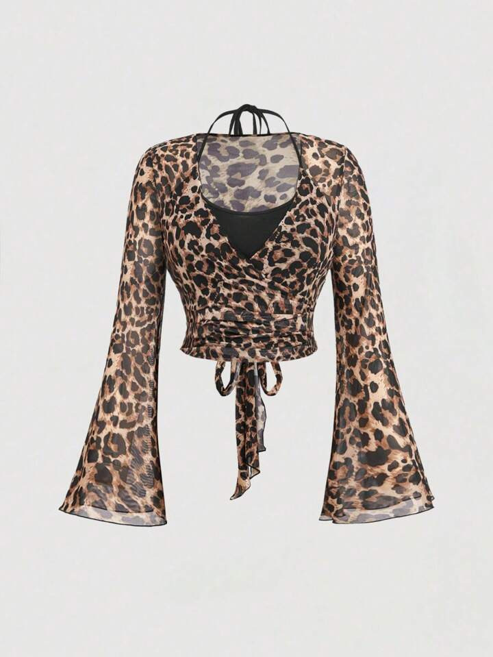 SHEIN MOD Plus Size Leopard Print Mesh Criss-Cross Wrap Top With Flare Sleeves,Leopard Top,Leopard Shirt,Leopard Costume,Long Sleeve Shirt, Costume,Fall Women Outfits | SHEIN