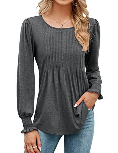 LOMON Long Sleeve T Shirts for Women Solid Color Casual Blouses Tops Crew Neck Fashion Smocked Tunics(Dark Gray,XXL) | Amazon (US)