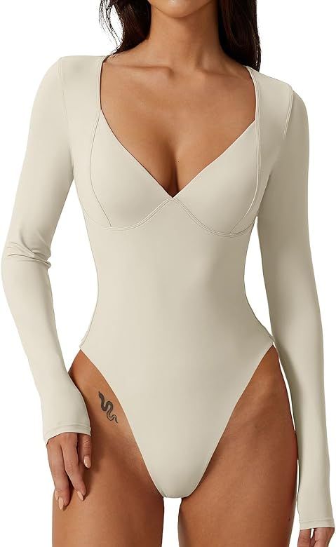 QINSEN Women's Long Sleeve Bodysuit V Neck Body Suits Seamed Cup Going Out Tops Shirt | Amazon (US)