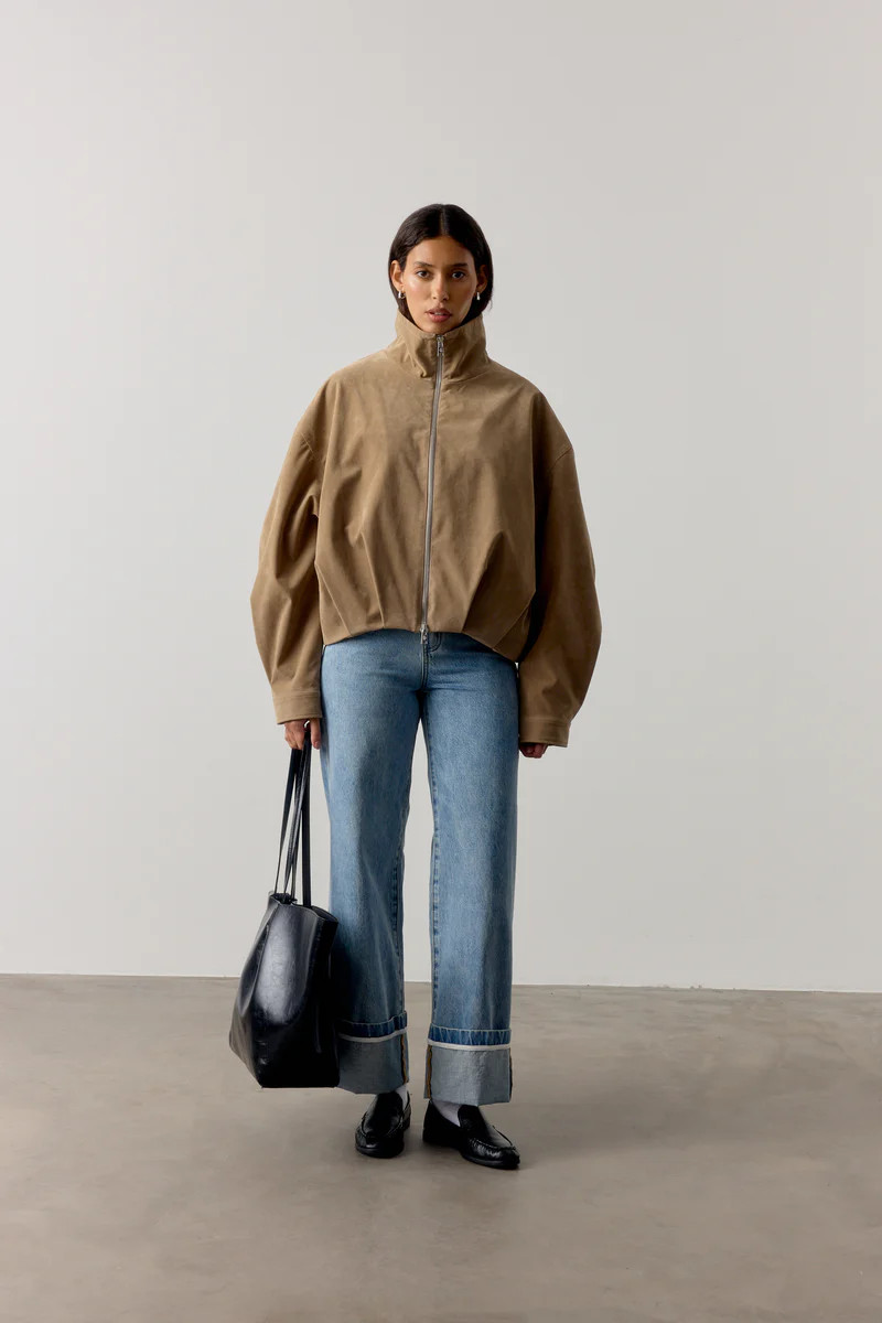 FAUX SUEDE FUNNEL NECK JACKET - BEIGE | The Couture Club