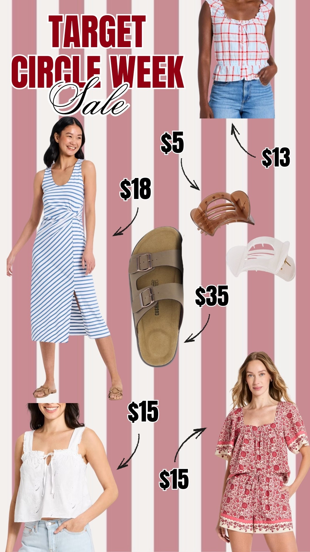@Target  circle week fashion finds that have no business being this affordable 🎯❤️
a stripe wrap dress for $18, birkenstock-look sandals for $35, a floral set for $15, a white eyelet top for $15, a plaid ruffle top for $13, and claw clips for $5 — this is a full summer wardrobe for under $100 and i can’t. all linked on my LTK, commissionable link in bio!

#LTKSaleAlert #LTKootd