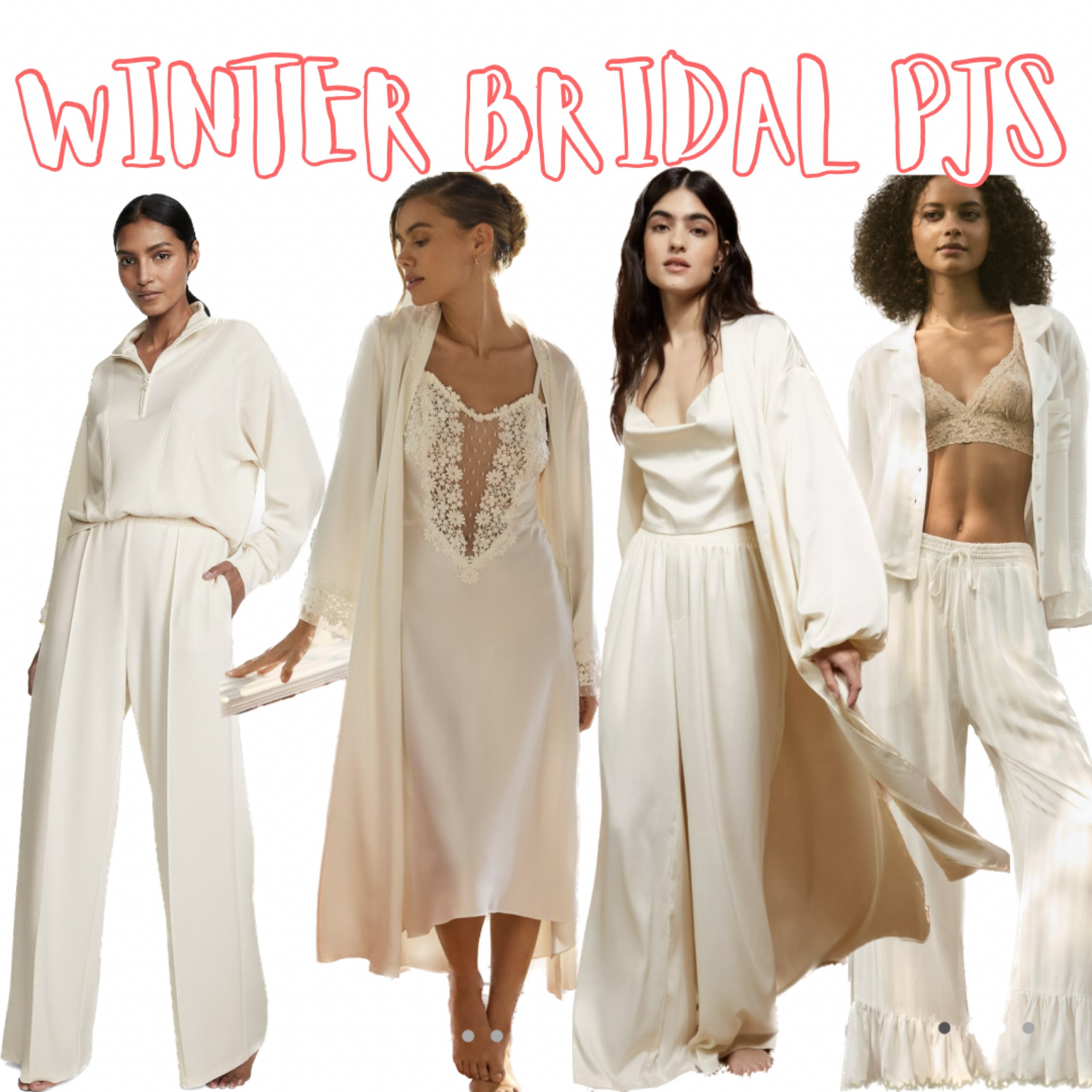 An array of cute winter bridal outfit options so you can be warm and cozy while also feeling cute and glam on your wedding day!! // white robe pajamas set loungewear bridal outfit bride wedding day 

#LTKwedding