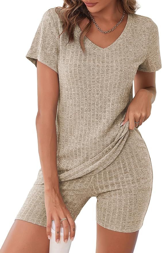 Ekouaer Biker Short Sets Women 2 Piece Outfits Ribbed Pajama Short Sleeve Workout Set | Amazon (US)