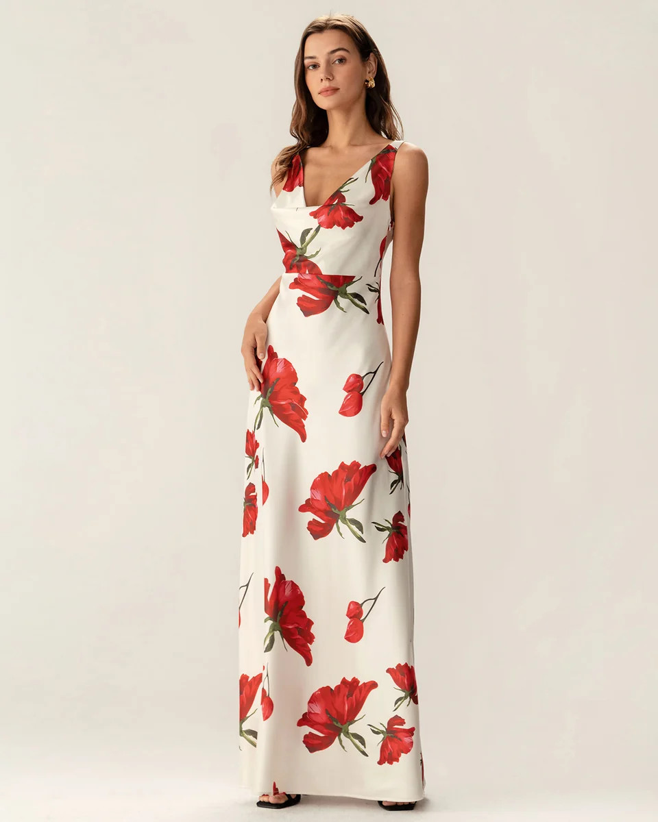 Red Floral Satin Slip Maxi Dress | rihoas.com