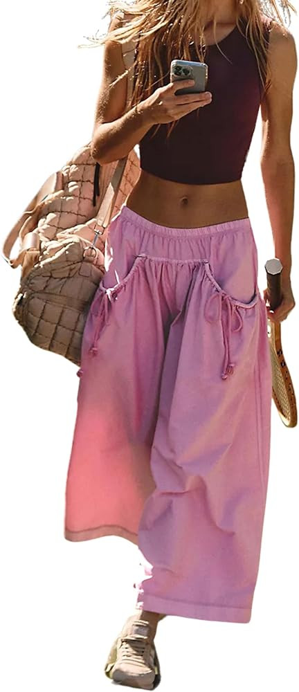 Hooever Women's Loose Wide Leg Track Pants Drawstring Pockets Elastic Waist Capri Hiking Pants | Amazon (US)