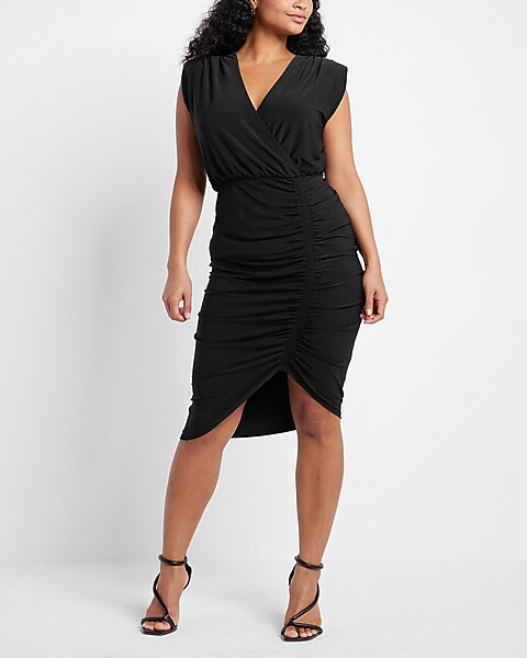 Faux Wrap V-Neck Ruched Sheath Dress | Express