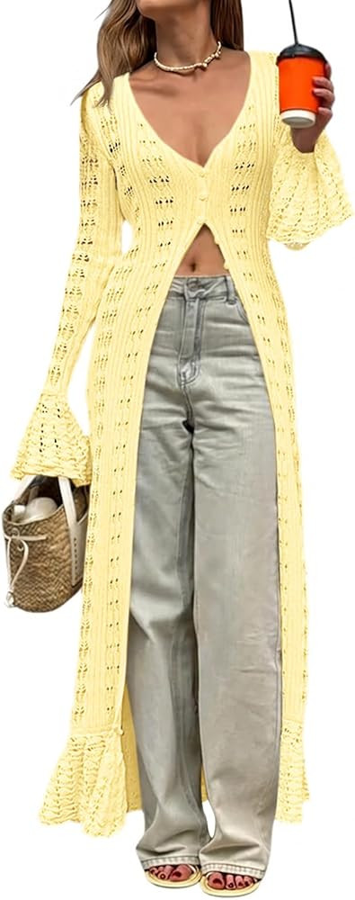 Saodimallsu Womens Crochet Long Cardigans Duster Button Up Bell Long Sleeve Ruffle 2026 Summer Bo... | Amazon (US)