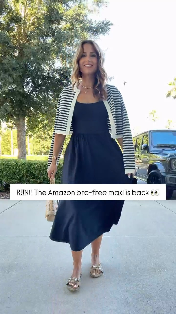 Amazon no bra needed maxi dress in XXS. Wrinkle-resistant fabric with shelf bra and removable cups. This also has adjustable straps and pockets! I love this for every, travel, and in a business casual environment. Aritzia striped cardigan in XXS. Travel outfit. Summer outfit. Summer style. Elevated casual. Teacher outfit. Gucci slides - I went up half a size. Fall outfit. Fall style.

#LTKootd #LTKTravel #LTKWorkwear