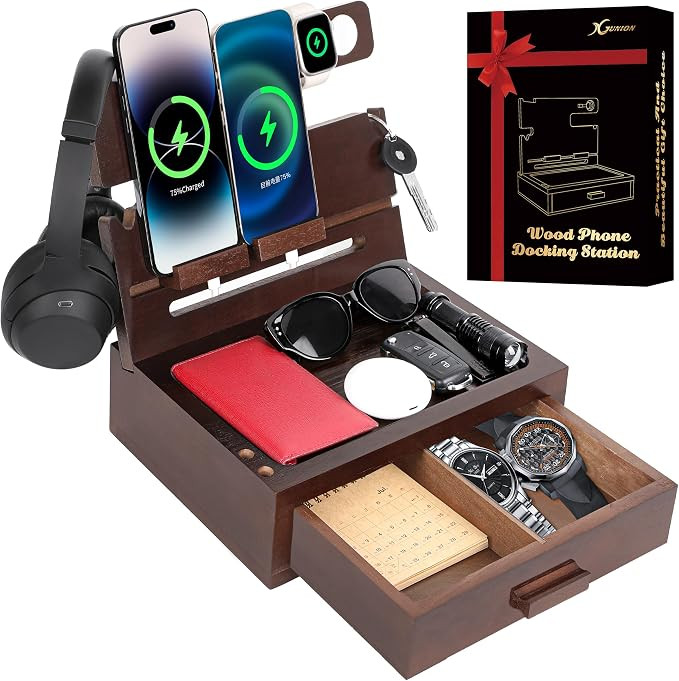 Personalized Walnut Wood Phone Docking Station with Drawer Nightstand Organizer from Daughter for... | Amazon (US)