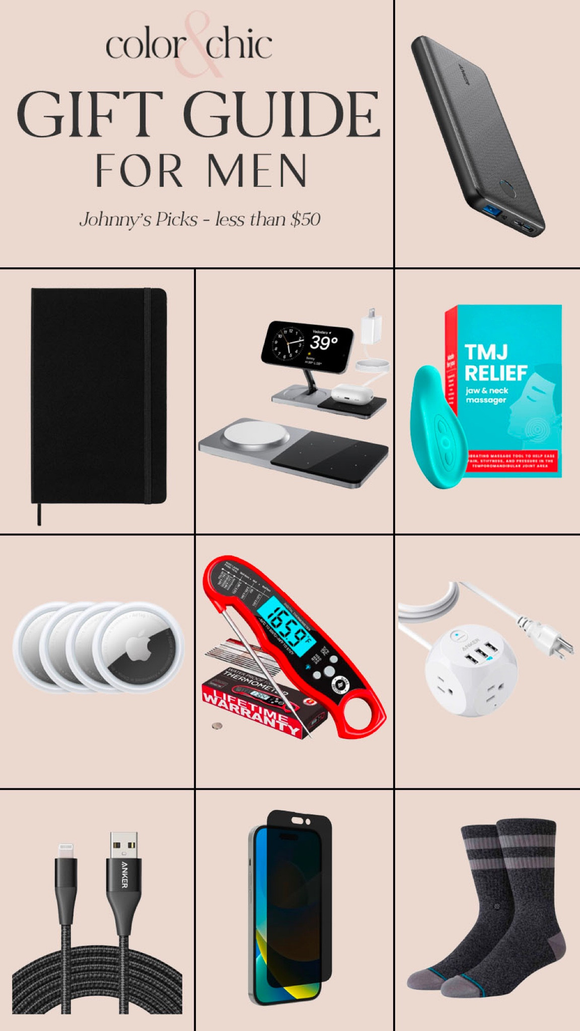 Johnnys Gift Guide for men for stocking stuffers, gifts under $50 and more! Including air tags, chargers, socks and journals. Great gifts for Dads, husbands, brothers, any males  

#LTKmens #LTKGiftGuide #LTKHoliday