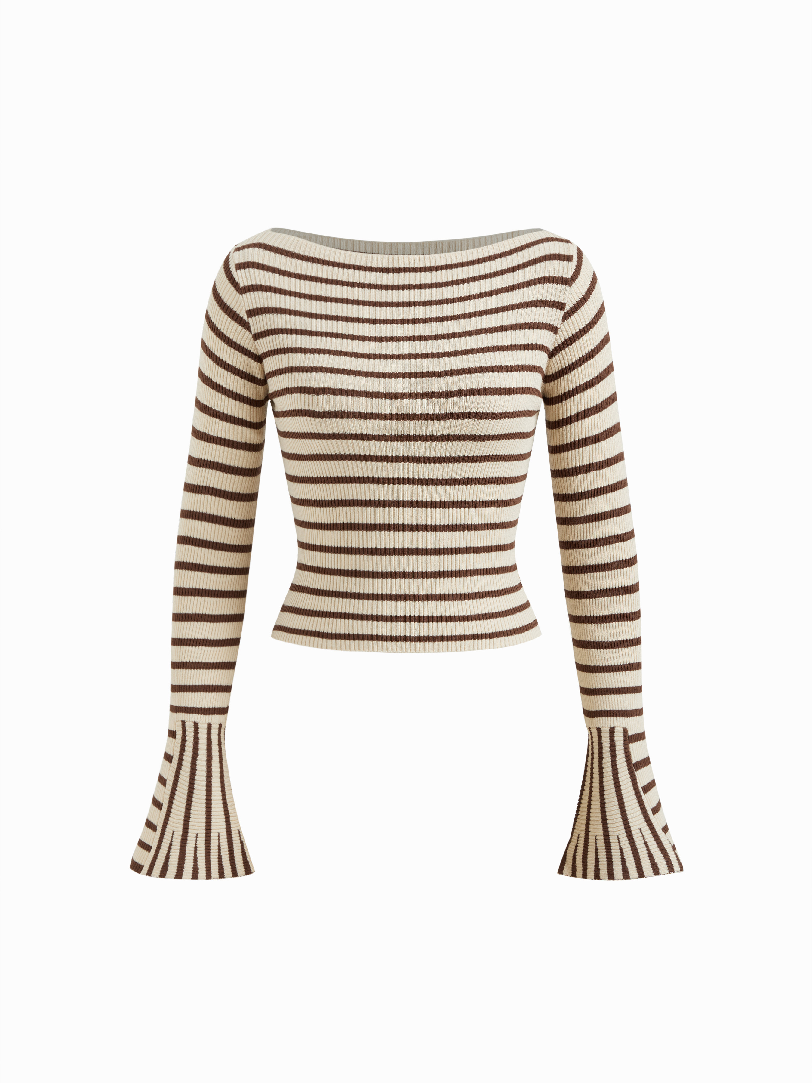 Knit Fabric Knit Boat Neck Stripe Long Sleeve Crop Top For Daily Casual | Cider