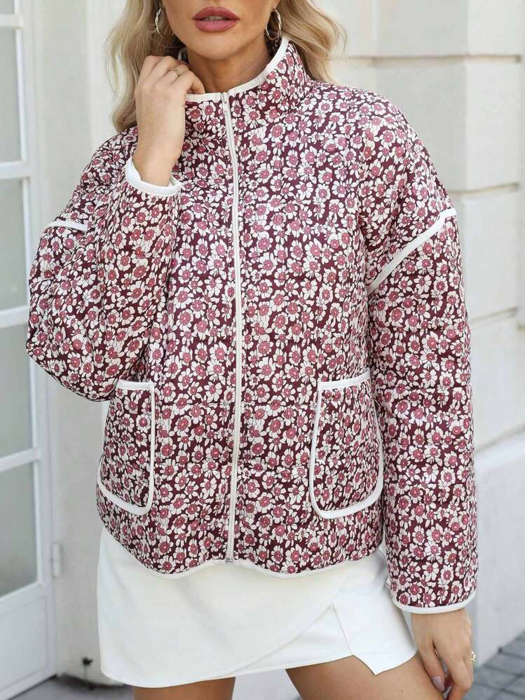 Women's Cropped Quilted Jacket Floral Printed LightWeight Padded Puffer Cardigan Coat Outwear | SHEIN