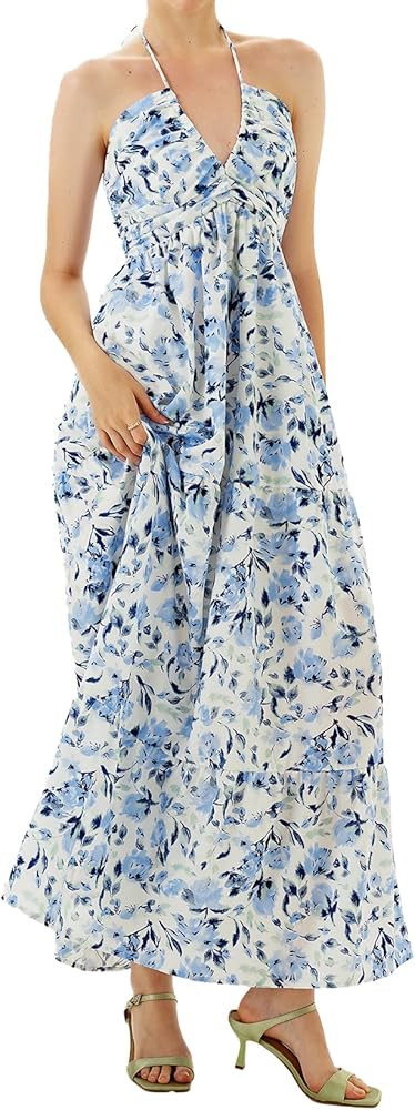 Women Halter Neck Deep V Floral Dress Elegant Chiffon Maxi Dress Flowy Summer Dress Classic Vacat... | Amazon (US)