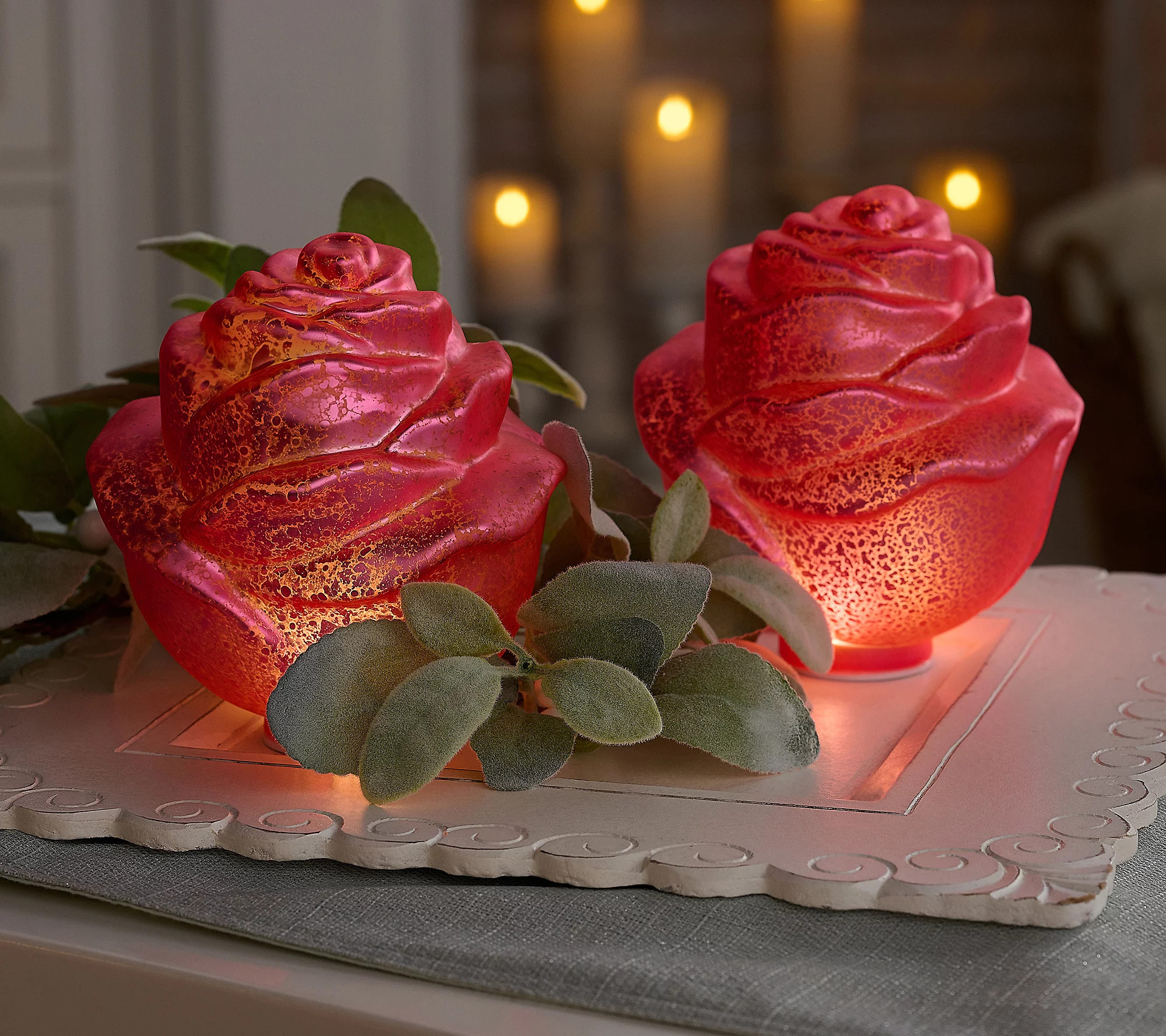 Set of (2) 5.5"" Illuminated Mercury Glass Roses by Valerie | QVC