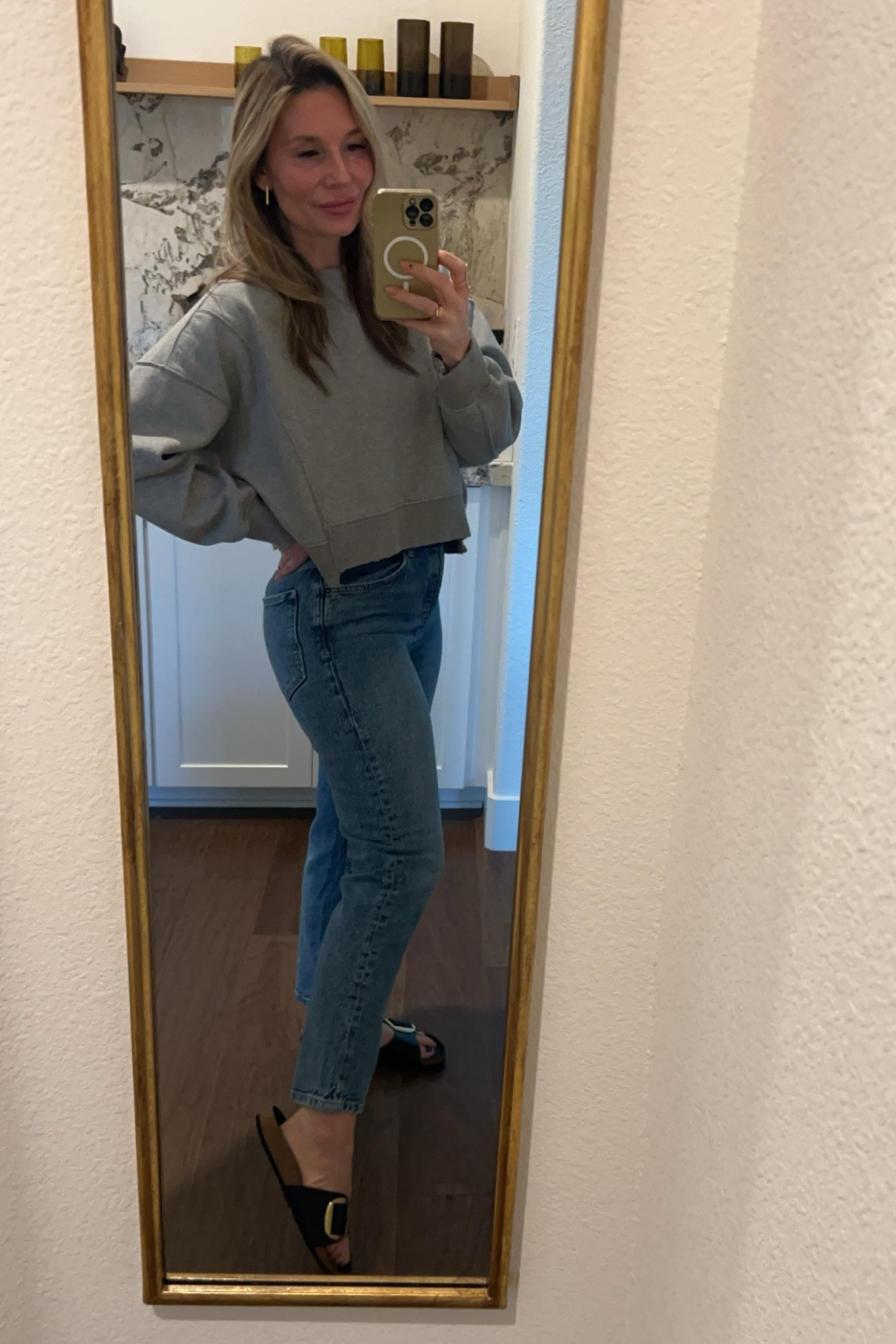 "Sunday Comfy Vibes: Embracing the relaxed feel with my go-to outfit - oversized sweater, jeans, and birks. Perfect for running around or a casual stroll. #SundayComfort #LTKstyletip #ComfyChic"